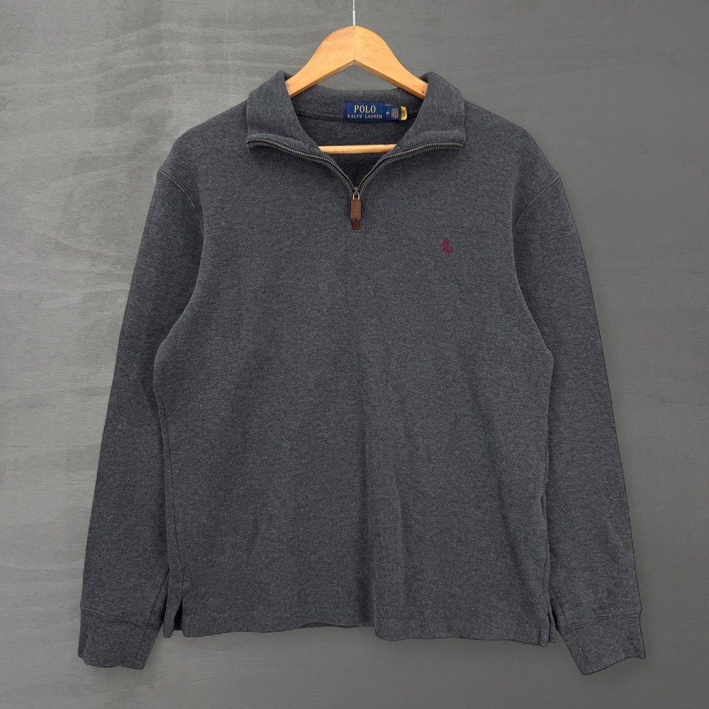 Polo Ralph Lauren Quarter Zip Pullover Sweater Grey Red Pony Logo Size Medium